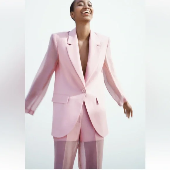 ZARA 2 PIECES SET MIXED ORGANZA BLAZER AND MIXED ORGANZA STRAIGHT LEG PANTS - Picture 2 of 16